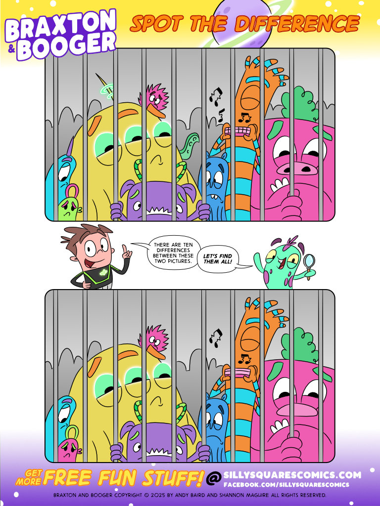 Spot the difference kid's activity page featuring aliens in jail