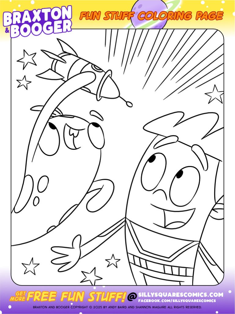 Cartoon coloring page for kids featuring Braxton and Booger
