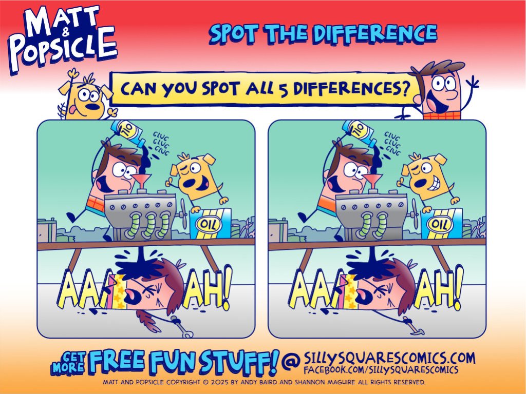 Funny spot the difference kid's activity page featuring Matt and Popsicle working on a go-kart