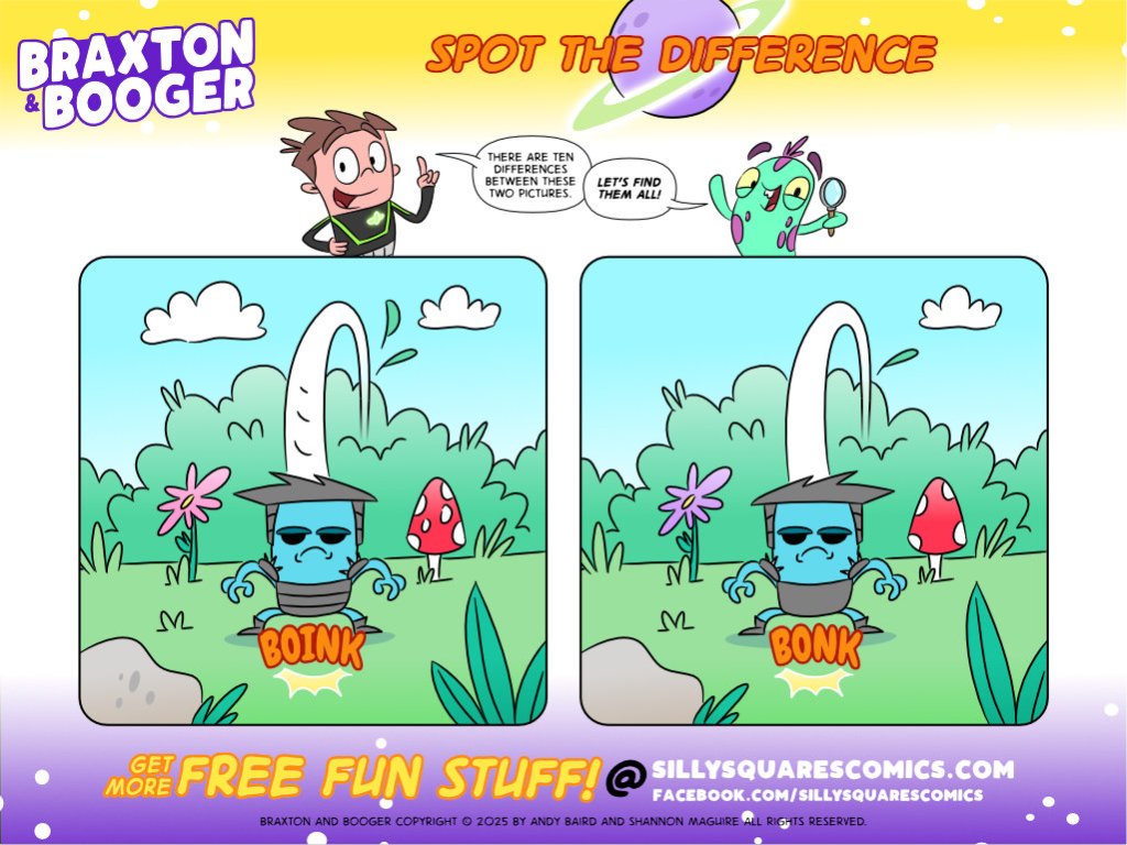 Spot the difference kid's activity page featuring a tiny cartoon alien