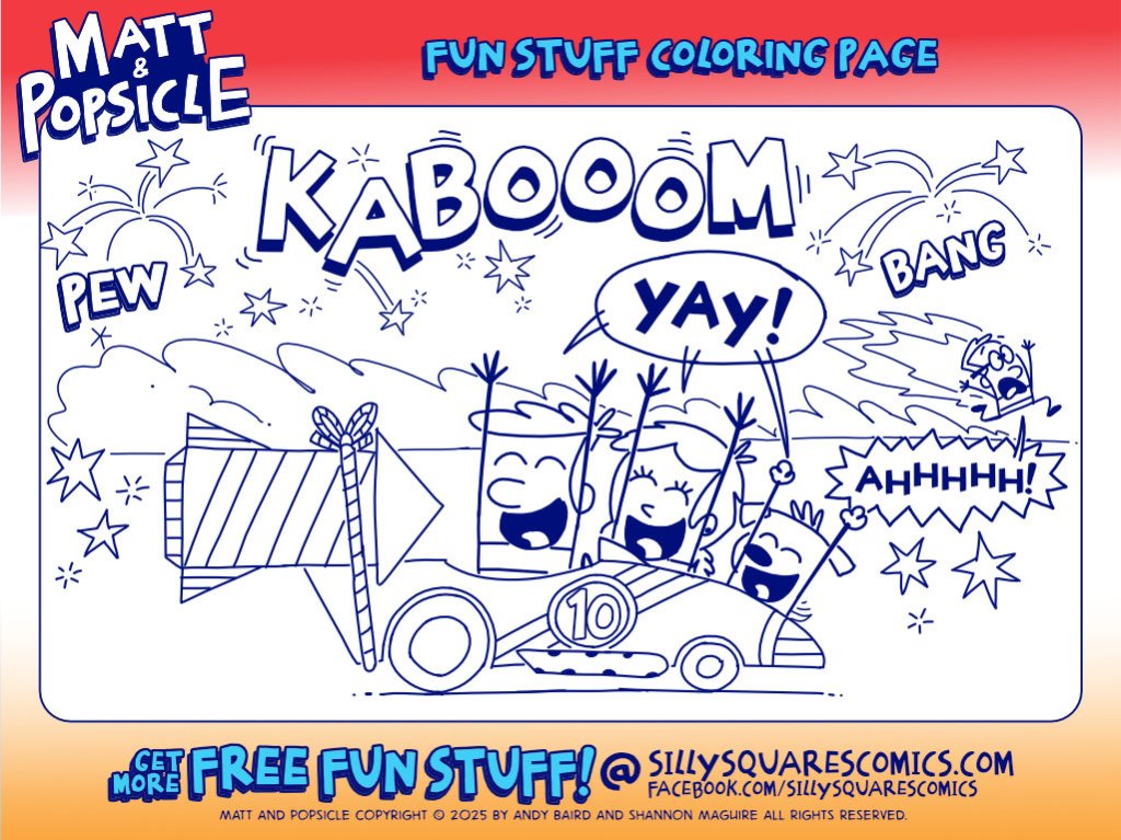 Cartoon coloring page for kids of Matt's go-kart team celebrating with fireworks.